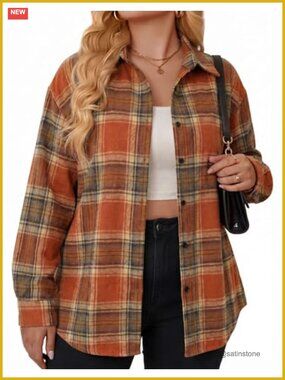 Plus Size Flannel Shirt Plaid Button Down Long Sleeve Casual Shacket